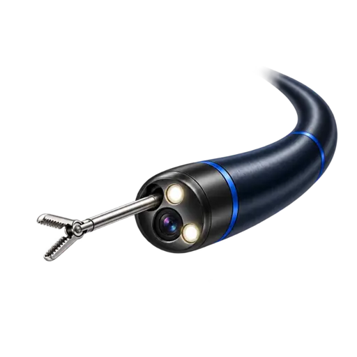 Ilustración 3D conceptual de una cámara de endoscopia con pinzas