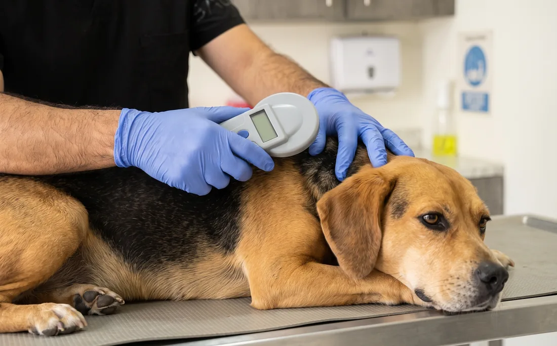 Lector de microchip sobre el lomo de un perro durante la comprobación de su identificación