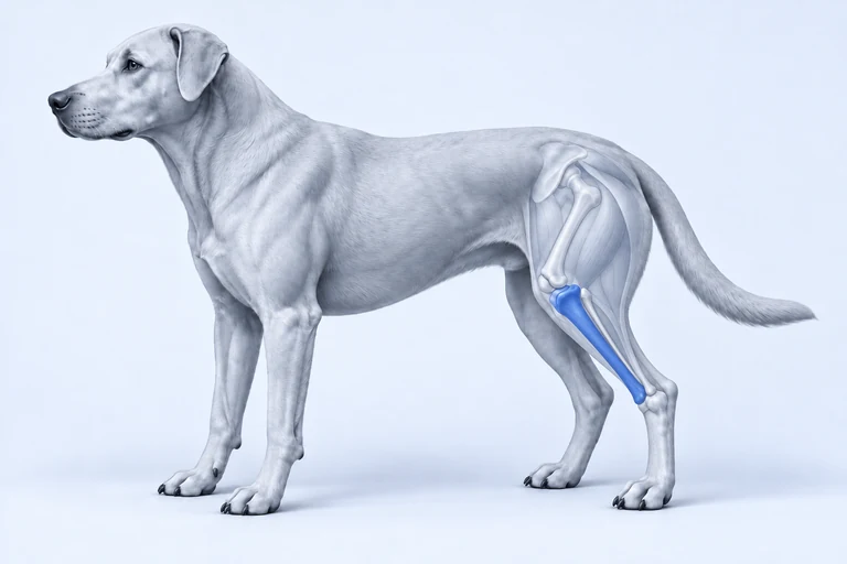 Ilustración de un perro de perfil con la tibia de la extremidad posterior resaltada en azul