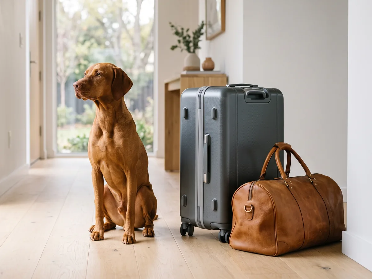 Perro junto a una maleta y un bolso de viaje en el recibidor de una casa