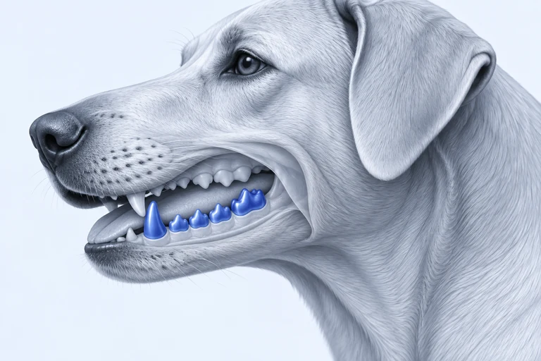 Ilustración de la boca de un perro con superficies de los dientes resaltadas en azul