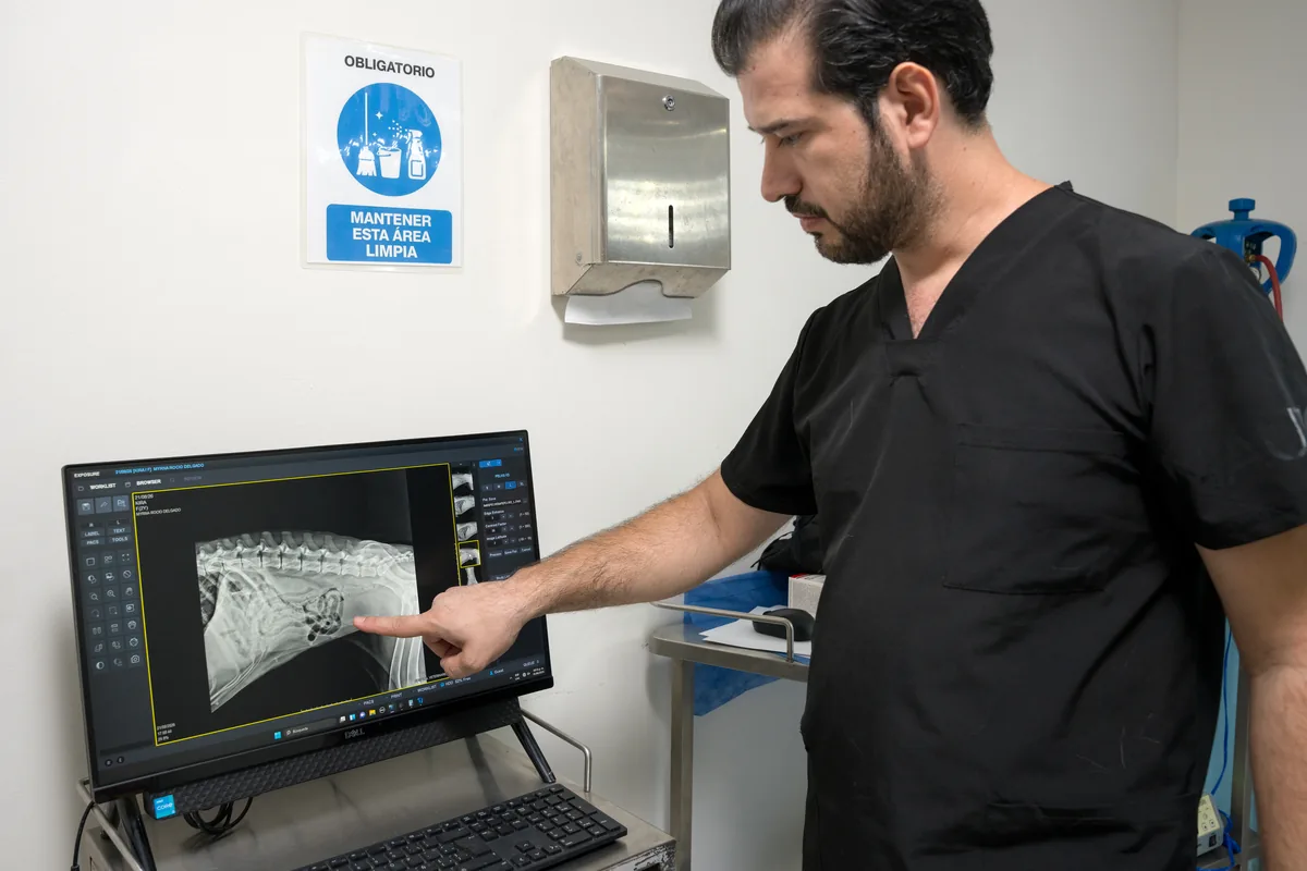 Médico veterinario revisa una radiografía abdominal en el monitor del hospital