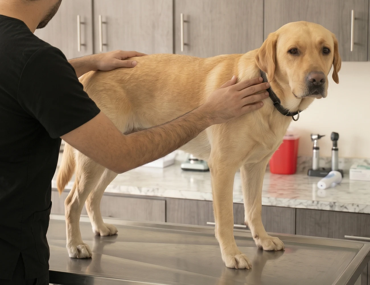 Médico veterinario examina a un perro sobre una mesa de consulta