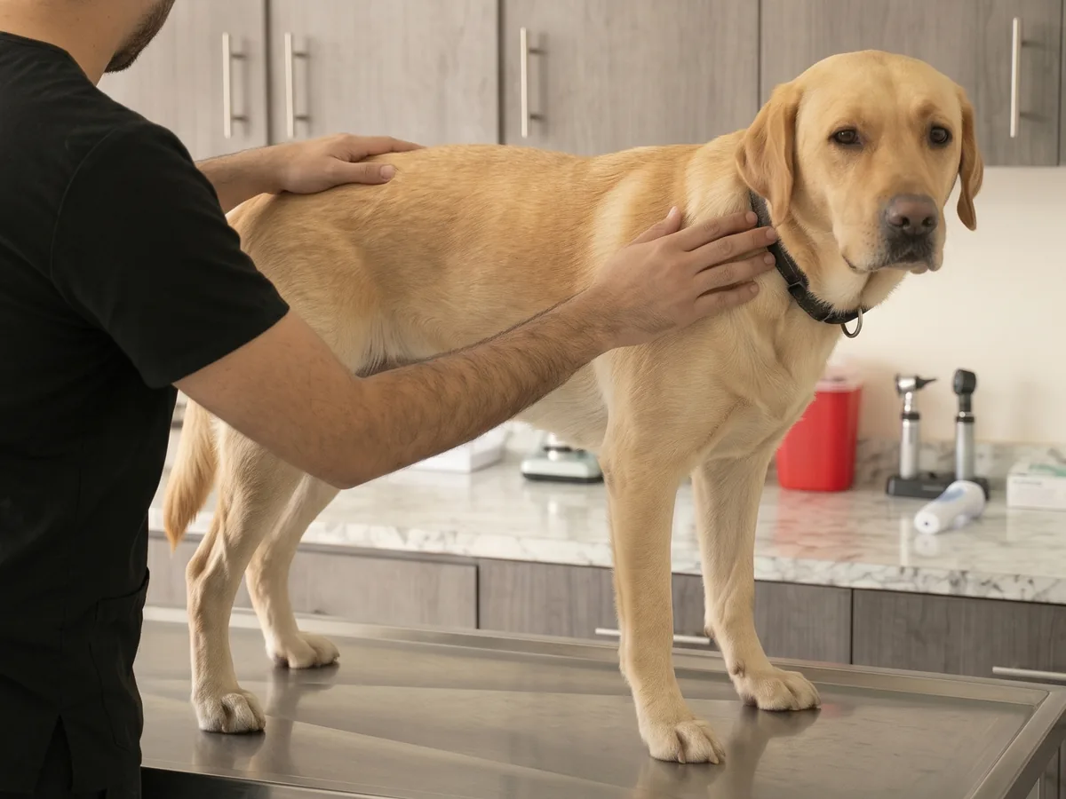 Médico veterinario revisa a un perro de pie sobre la mesa de exploración